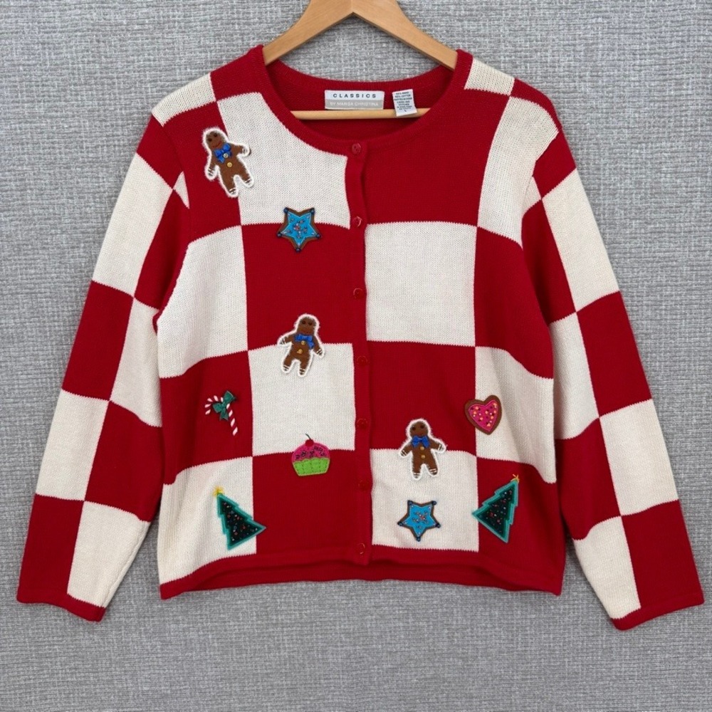 Vtg Marisa Christina Christmas Cardigan Women L Red White Gingerbread Sweater